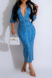 namcoverse Imitation Denim Print On-trend Pocket Button Midi Dress