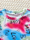 Vibrant Tropical Tie Dye Heart Graphic Crew Neck Short Sleeve Bodycon T-Shirt Dress for Girls - Soft Slight Stretch Polyester Fabric, Regular Fit, Perfect for Summer - Casual, Fun, and Comfy Gift Idea