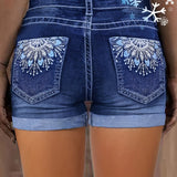 Women's High Waist Stretchy Denim Shorts, Blue Slim Fit with Rolled Cuff and Embroidery, Summer Vintage Style Jean Shorts