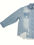 Women's Edgy Distressed Denim Jacket with Ripped Holes and Flap Pockets - Raw Hem Long Sleeves - Trendy Outerwear for Casual Wear