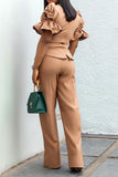 namcoverse Solid Color Scoop Neck OL Chic Ruffle Sleeve Pant Suit