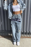 namcoverse Letter Embroidery Retro Ripped Jeans