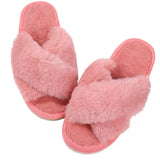 Slippers Comwarm Fashion Furry House Slippers Women Fluffy Fur Flip Flops Bedroom Fuzzy Flats Slippers Thick Sole Cross Band Indoor Shoes