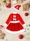 Regular Fit Girls' Christmas Dress Set with Polyester Non-Stretch Striped Fabric, Santa Hat, Woven Party Outfit for Kids