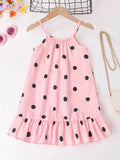 Girls Whimsical Polka Dot Dress - Delicate Spaghetti Strap, Sleeveless, Flirty Ruffle Hem, Halter Neckline - Perfect for Party Occasions, Ideal for Beach and Summer Fun