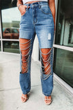 namcoverse Ripped Cool Rhinestone Chain Decor Jeans