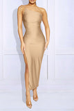 namcoverse Solid Color One Shoulder Lace-Up Chic Ruched High Split Midi Dress