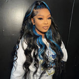 13X4 Lace Front Blue Highlight Black Wigs Transparent Lace Frontal Wig Brazilian Simulation Human Hair Body Wave Wig For Women