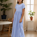 Girls Striped Maxi Dress - Short Sleeve, Loose & Comfortable - Versatile Casual Style for Everyday Wear