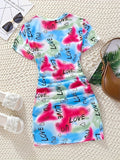 Vibrant Tropical Tie Dye Heart Graphic Crew Neck Short Sleeve Bodycon T-Shirt Dress for Girls - Soft Slight Stretch Polyester Fabric, Regular Fit, Perfect for Summer - Casual, Fun, and Comfy Gift Idea