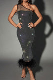 namcoverse Patchwork Rhinestone Luxe Feather Hem Midi Dress