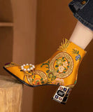 namcoverse Bohemian Yellow Embroidery Nail Bead Zircon Chunky Heel Boots CZ1012