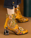 namcoverse Bohemian Yellow Embroidery Nail Bead Zircon Chunky Heel Boots CZ1012