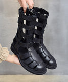 namcoverse Boho Black Chunky Cowhide Leather Hollow Out Boots SL1023