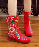 namcoverse Boho Handmade Comfy Red Embroidery Wedge Boots CZ1013