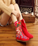 namcoverse Boho Handmade Comfy Red Embroidery Wedge Boots CZ1013