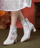 namcoverse Boho White Embroidery Nail Bead Chunky Heel Boots CZ1056