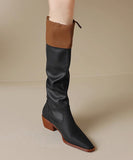 namcoverse Chic Black Faux Leather Splicing Chunky Knee Boots SL1012