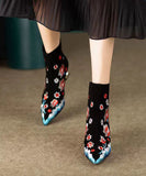 namcoverse Chinese Style Black Flower Embroidered Pointed Toe Short Boots CZ1018