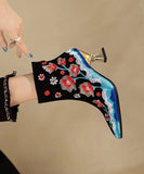 namcoverse Chinese Style Black Flower Embroidered Pointed Toe Short Boots CZ1018