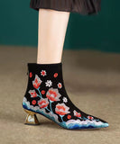 namcoverse Chinese Style Black Flower Embroidered Pointed Toe Short Boots CZ1018