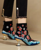 namcoverse Chinese Style Black Flower Embroidered Pointed Toe Short Boots CZ1018