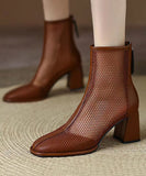 namcoverse Classy Brown Hollow Out Tulle Splicing Chunky Heel Boots CZ1009