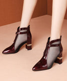 namcoverse Fine Tulle Splicing Chunky Heel Boots Mulberry Cowhide Leather CZ1047