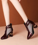 namcoverse Fine Tulle Splicing Chunky Heel Boots Mulberry Cowhide Leather CZ1047