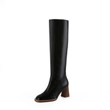 namcoverse Winter New  Leather Knee-Length Boots Square Toe High Heel Women's Boots Square Heel Western Boots Women's Shoes