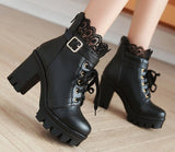 namcoverse  Lace Ankle Boots Thick High Heels Women Boots   Lacing Round Toe Platform Ladies Shoes Large Sizes 34-43