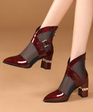 namcoverse Mulberry Chunky Heel Faux Leather 2024 Tulle Splicing Boots CZ1046