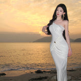 2025 Sexy royal sister temperament streamer slim slanted shoulder dress women's  high-end tube top long dress split fork fishtail skirt