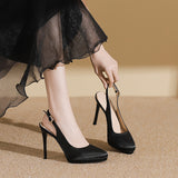 2025 136-8 Black satin high heels women's thin heels Baotou empty sandals women's super high heels waterproof table work shoes