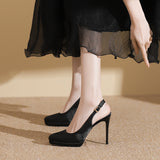2025 136-8 Black satin high heels women's thin heels Baotou empty sandals women's super high heels waterproof table work shoes