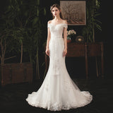 Fishtail wedding dress 2021 new bride, small woman, one-word shoulder-tied going out dress,  thin starry sky light