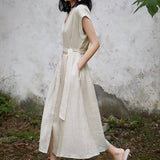 2025 Flax sense of relaxation, temperament, high sense of waist and thin dress,  vest skirt, sleeveless summer women's clothing