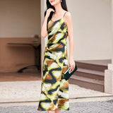 High-End Imitation Acetate Print Dress Spring and Summer 2024 New Elegant Sexy V-neck Sleeveless Suspender Dress