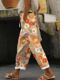 Spring New Women's Casual Printed Elastic Waist with Pockets Cropped Straight Pants