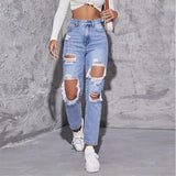 Ripped Jeans for Women 2024 New European and American Fashion Water Washed Hole High Waist Straight-Leg Pants