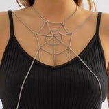 4704 2025 jewelry, sexy metal chain bikini necklace, geometric spider web personalized breast chain body chain