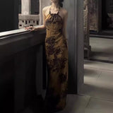 2025 New Chinese Zen national style camellia printing and dyeing open-back Buddha beads hanging neck slim-fitting improved cheongsam suspender dress women