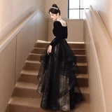 Black evening dress women's 2025 new banquet long-sleeved  winter vocal art test skirt light luxury niche dress