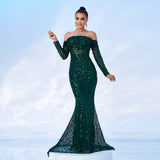 2025 new temperament one-word collar long-sleeved long sequined banquet fishtail evening dress bridesmaid dress dress