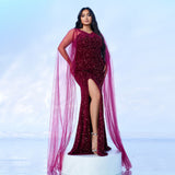 2025 Popular trade Popular,  and the United States fat mm large size women's clothing long-sleeved V-neck banquet sequined fishtail evening dress dress