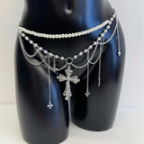 LH4758 2025 New cross fringed waist chain women's decorative body chain, imitation pearl retro beaded waist chain