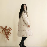 Long down jacket winter women's literary and original white duck down, embroidered cotton and linen down, new long coat women B1203