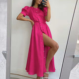 NAMCOVERSE Summer  Cross-Border European and American New Pure Color Elegant Slim High Waist Cardigan Button Mid-Length Dress