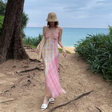 2025 Dopamine Island wears a sling neck plaid color matching dress, Sanya, Thailand photo skirt, seaside vacation