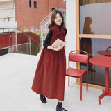 Angora red, doll collar corduroy sleeveless vest skirt, white dress women's spring long dress B1003